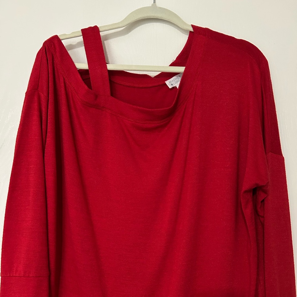 Very Red off one shoulder sweater.